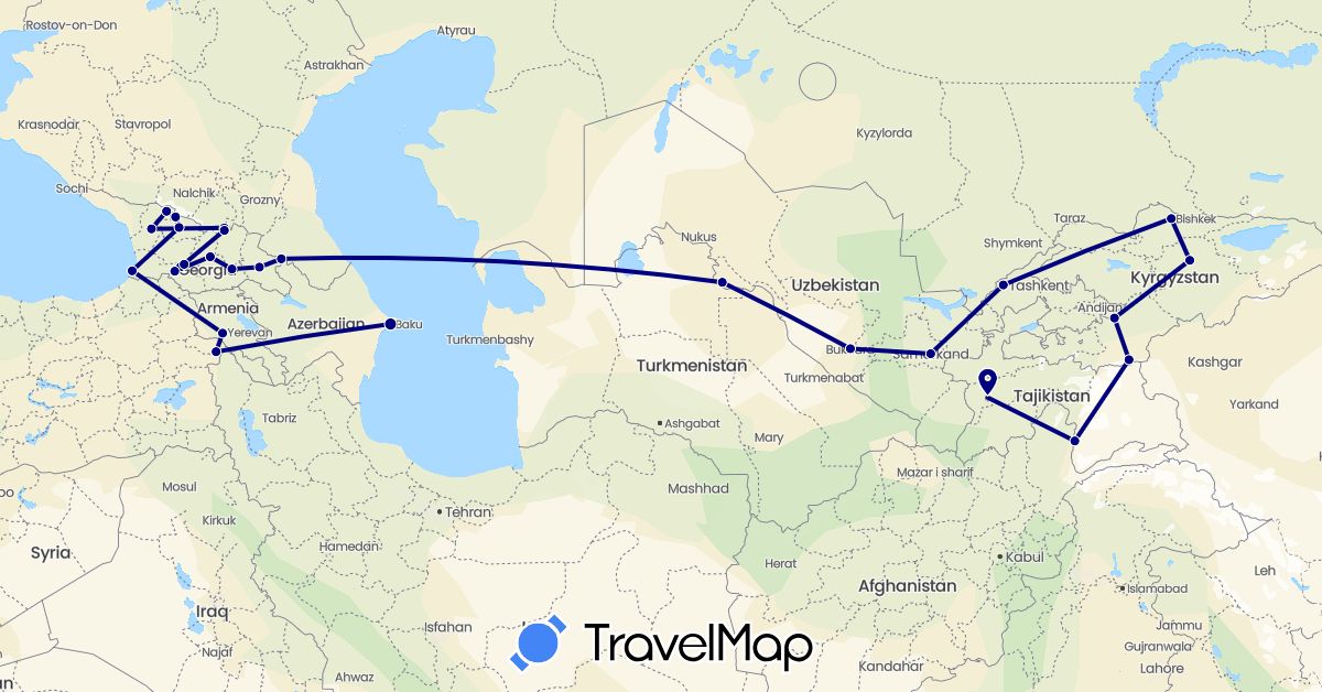 TravelMap itinerary: driving in Armenia, Azerbaijan, Georgia, Kyrgyzstan, Tajikistan, Turkey, Uzbekistan (Asia)